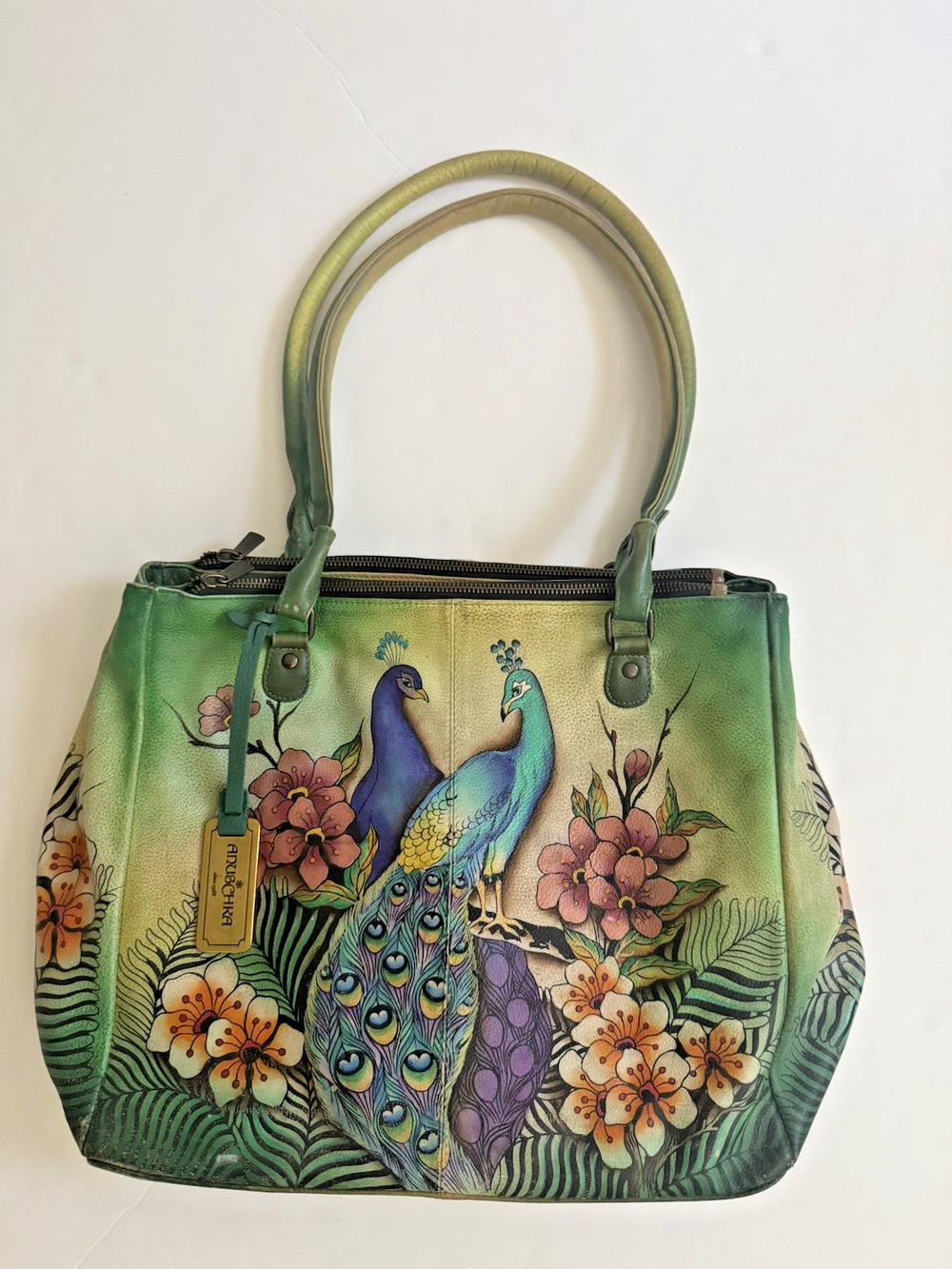 Anna by Anuschka Work Tote Hand-Painted Leather Passionate Peacocks Large - READ